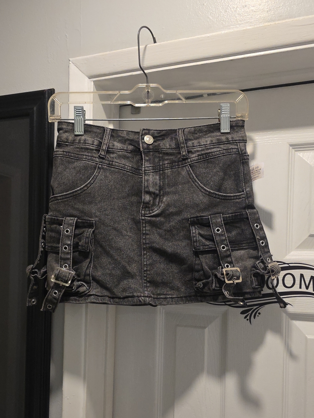 Black Washed Denim Cargo Mini Skort with Buckle Details
